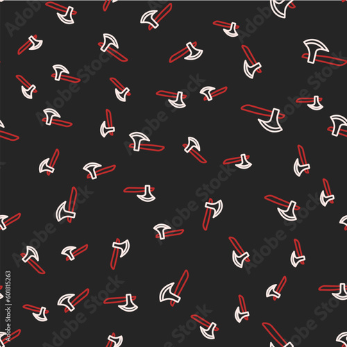 Line Wooden axe icon isolated seamless pattern on black background. Lumberjack axe. Vector