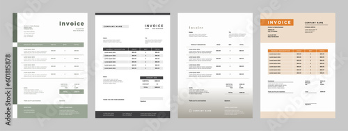 Business Invoice template. Professional payment agreement layout, corporate bill spreadsheet receipt and invoices for customer vector set