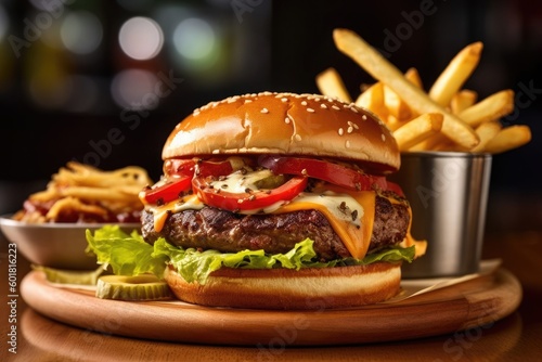 Rustic Homemade Cheeseburger and fries with tomato  lettuce and homemade sauce with blurred background. AI Generated