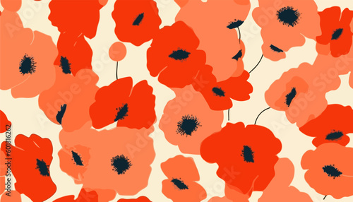 Hand drawn minimal bright abstract poppy flowers pattern. Collage contemporary print. Fashionable template for design