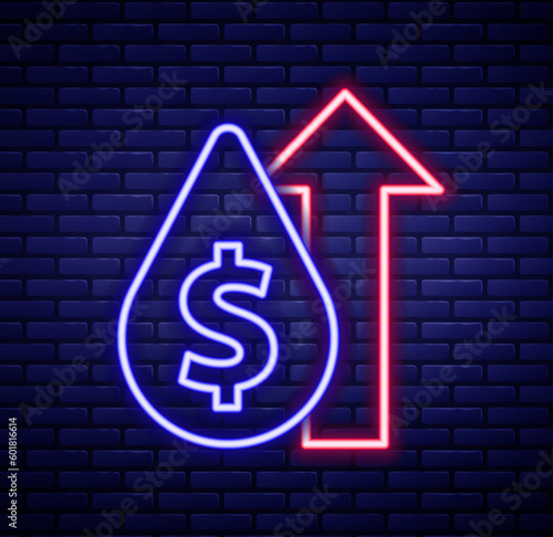 Glowing neon line Oil price increase icon isolated on brick wall background. Oil industry crisis concept. Colorful outline concept. Vector