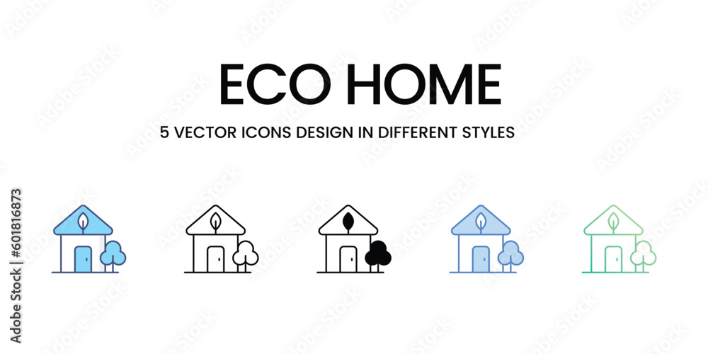Eco Home Icon Design in Five style with Editable Stroke. Line, Solid, Flat Line, Duo Tone Color, and Color Gradient Line. Suitable for Web Page, Mobile App, UI, UX and GUI design.