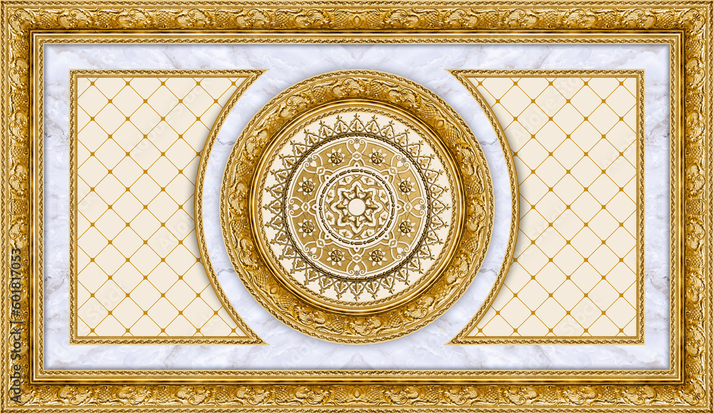 Gold Stretch ceiling pattern. Decorative traditional islamic pattern in 3d gol frame. Ornament in round motif and classical style. Image for stretch ceiling decoration, decorative ornament, Stretch ce - obrazy, fototapety, plakaty 