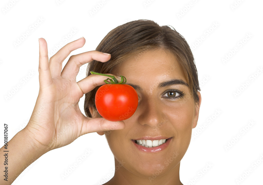 Beautiful young woman in the kitchen holding a tomato on her hand Beautiful young woman in the kitchen holding a tomato on her hand