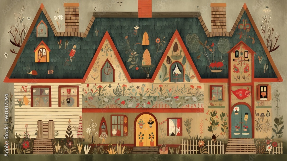 Naklejka premium A House in Folk Art Style