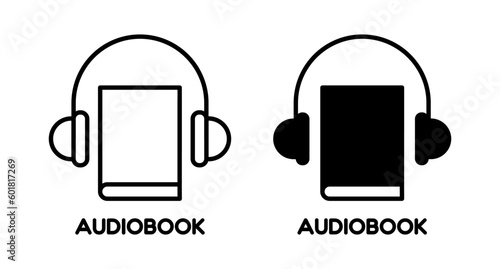 Audio book vector icons set. Book and Headphones symbol. Audio guide sign