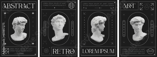 Exibition, Greece modern face with contemporary element. goddess sculpture and bust for background, flyer or poster, retro, social media, graphic design, sticker, Y2k style elements,Digital Collage