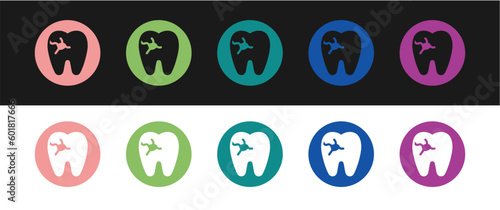 Set Tooth with caries icon isolated on black and white background. Tooth decay. Vector