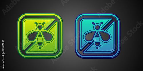 Green and blue Stop bee icon isolated on black background. Sweet natural food. Honeybee or apis with wings symbol. Flying insect. Vector