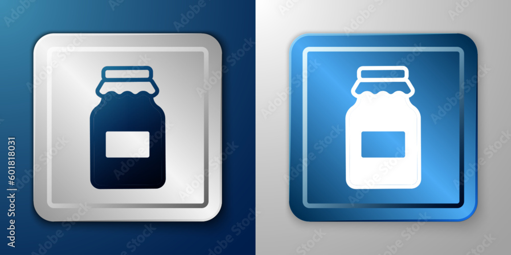 White Jar of honey icon isolated on blue and grey background. Food bank. Sweet natural food symbol. Silver and blue square button. Vector White Jar of honey icon isolated on blue and grey background. Food bank. Sweet natural food symbol. Silver and blue square button. Vector