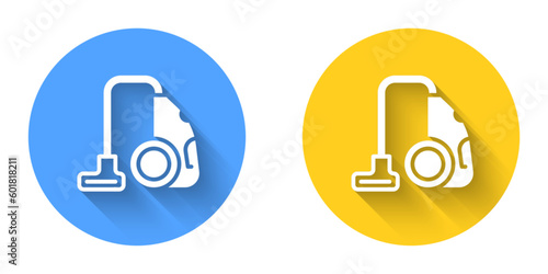 White Vacuum cleaner icon isolated with long shadow background. Circle button. Vector