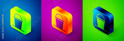 Isometric Bucket icon isolated on blue, purple and green background. Square button. Vector