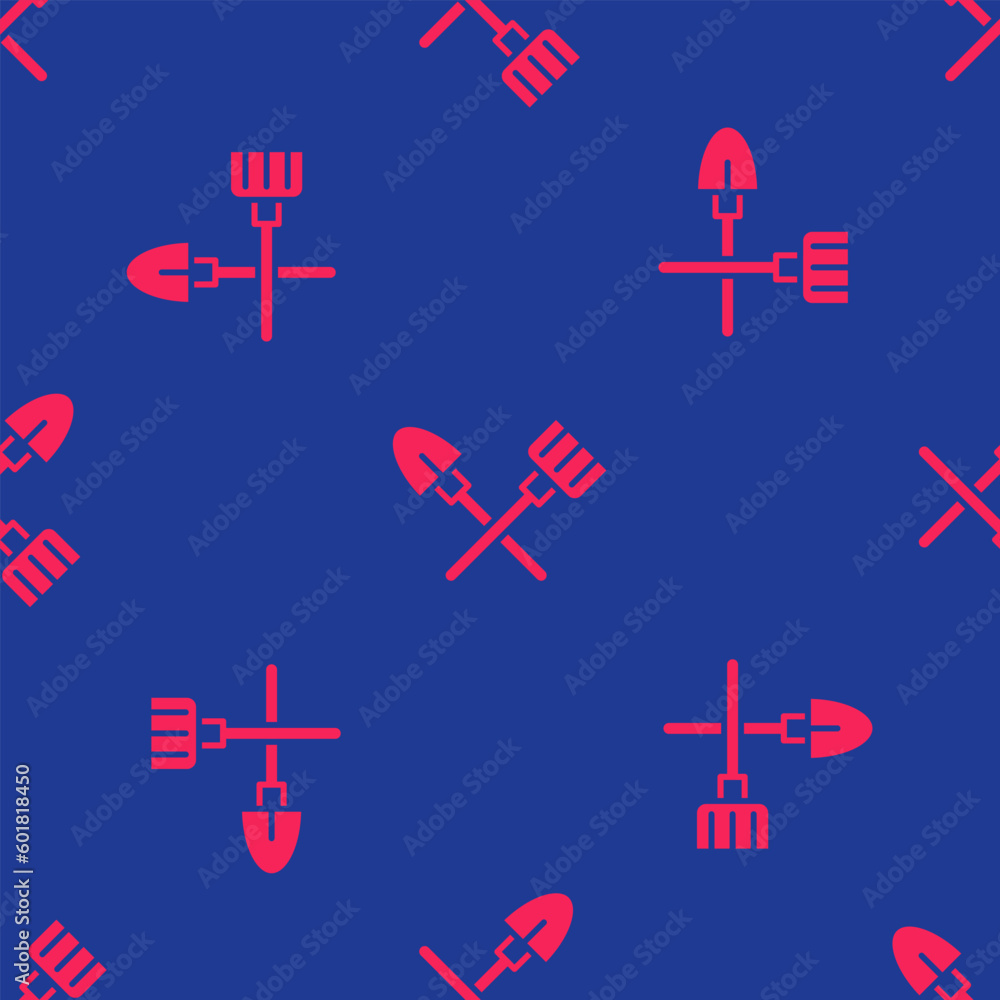 Red Shovel and rake icon isolated seamless pattern on blue background. Tool for horticulture, agriculture, gardening, farming. Ground cultivator. Vector Red Shovel and rake icon isolated seamless pattern on blue background. Tool for horticulture, agriculture, gardening, farming. Ground cultivator. Vector