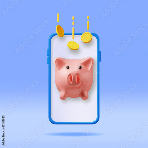 3D Piggy Bank with Coins in Mobile Phone Isolated. Render Plastic Piggy Bank for Money and Smartphone. Digital Money Online. Business Deposit Investment, Financial Savings. Vector Illustration