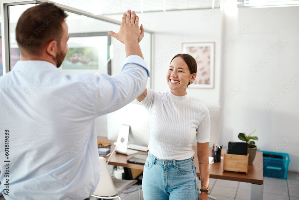 High five, support and business people with success for company sales, project goals and winning in office startup. Yes, celebration and teamwork of asian woman and partner of target, results or news High five, support and business people with success for company sales, project goals and winning in office startup. Yes, celebration and teamwork of asian woman and partner of target, results or news