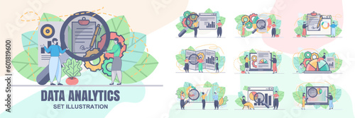 set vector design statistical and Data analysis for business finance investment concept with business people team working. Financial data analysis illustration.