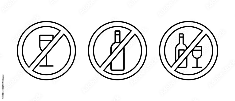No alcohol vector icon set. Prohibited of drink alcohol sign. No drink forbidden linear symbol No alcohol vector icon set. Prohibited of drink alcohol sign. No drink forbidden linear symbol