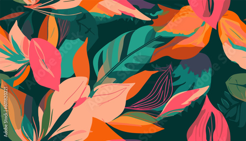 Modern tropical floral pattern. Colorful abstract contemporary seamless pattern. Hand drawn unique print