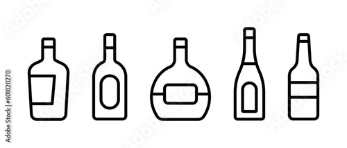 Bottles of alcohol vector icon set. Wine  whiskey  champagne and beer symbol. Linear glass bottles sign for restaurant menu design