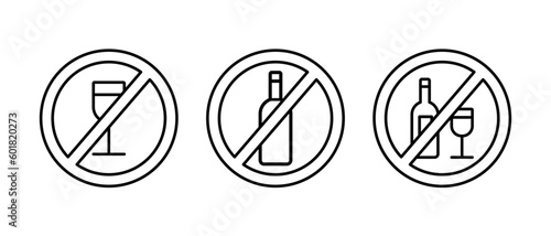 No alcohol vector icon set. Prohibited of drink alcohol sign. No drink forbidden linear symbol