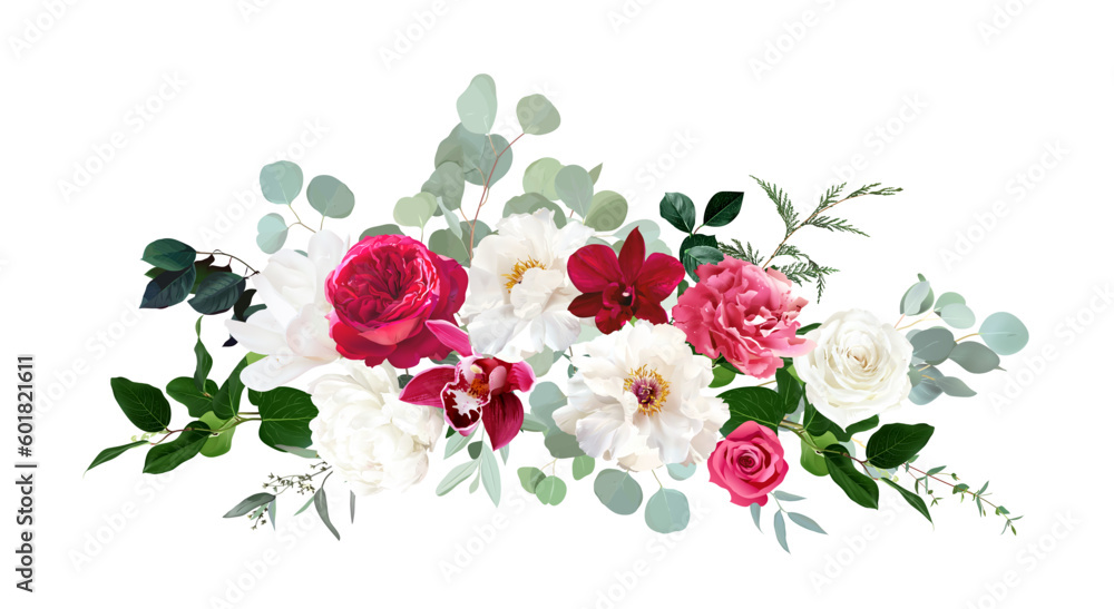 custom made wallpaper toronto digitalTrendy magenta flowers vector design bouquet. Hot pink roses, barbie pink ranunculus, white peony, dark orchid