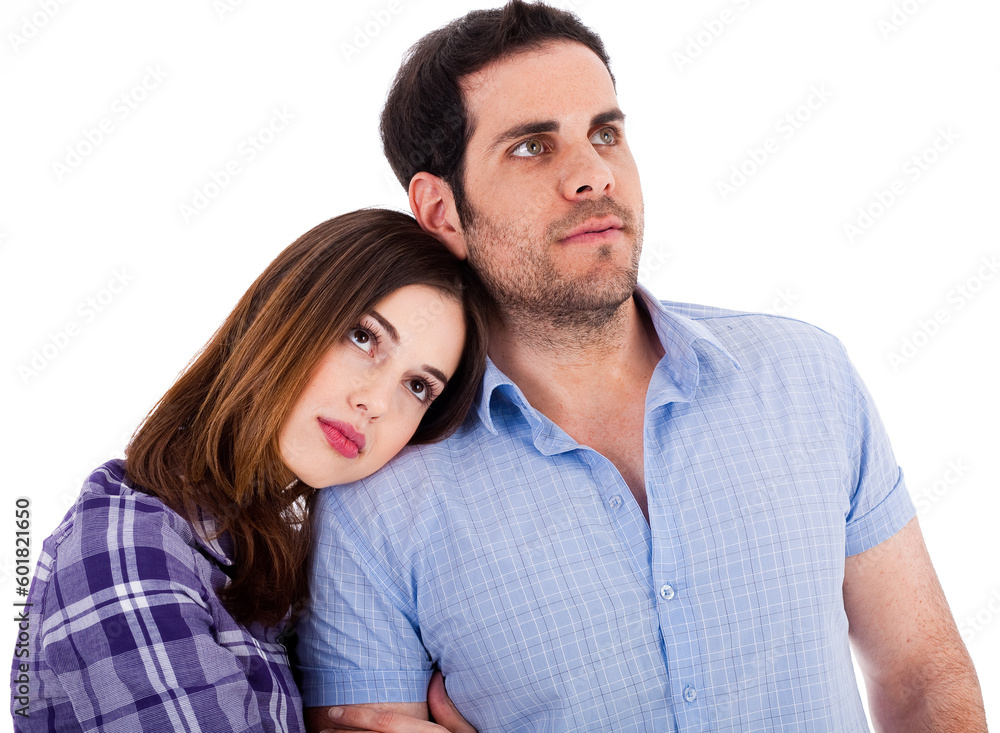 Women soothing herself on her boyfriend shoulders on a isolated white background Women soothing herself on her boyfriend shoulders on a isolated white background
