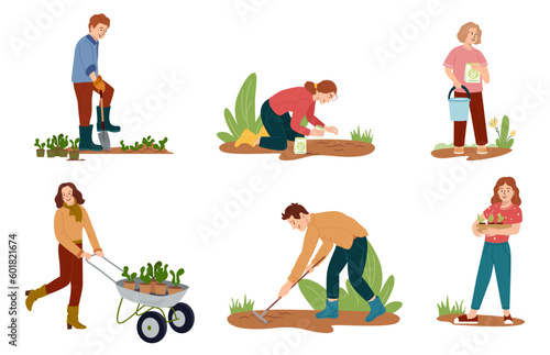 Set vector flat characters of men, women, kids performing gardening works Doing hobby garden work watering, planting, hoeing, arranging Spring gardening concept with tools