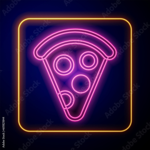 Glowing neon Slice of pizza icon isolated on black background. Fast food menu. Vector
