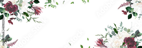 Ivory white magnolia, burgundy red peony, cedar, fern, leucadendron vector design invitation frame