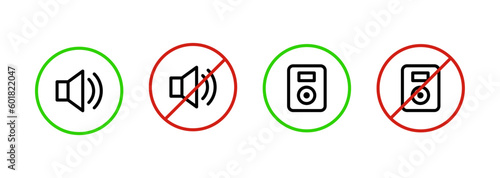 No sound vector icon set. Speaker is forbidden symbol. Keep silence sign board