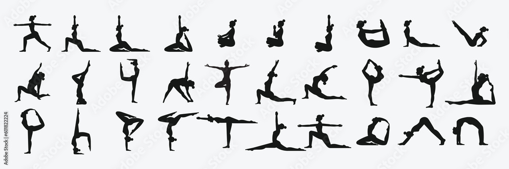Women silhouettes. Collection of yoga poses.  - obrazy, fototapety, plakaty 