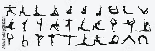 Print op canvas Women silhouettes. Collection of yoga poses.