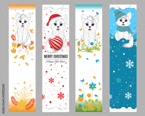 Set of vector bookmarks. Cute little white cat in different seasons.