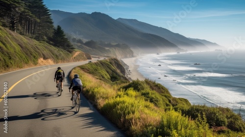Bicycle ride along the coastal highway. Biking on the cliffs above the ocean with mountains