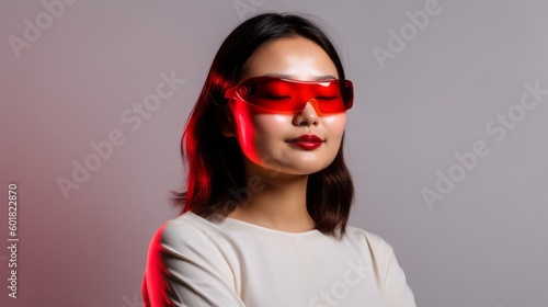 Asian woman doing red light therapy and wearing protective glasses. Generative AI