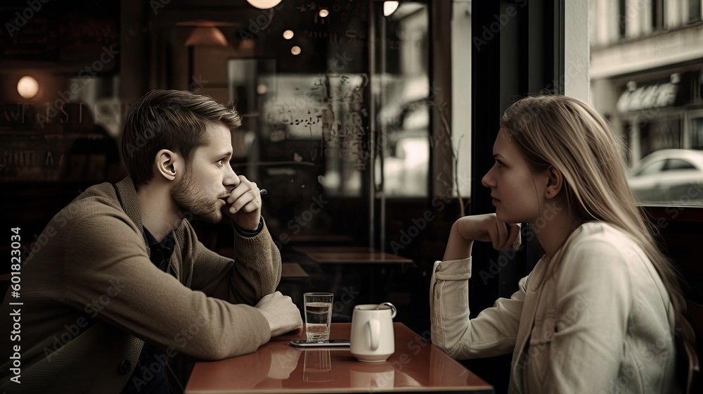 Happy couple at a cafe in Europe. Conversation and lunch in the city at a table in a restaurant.	