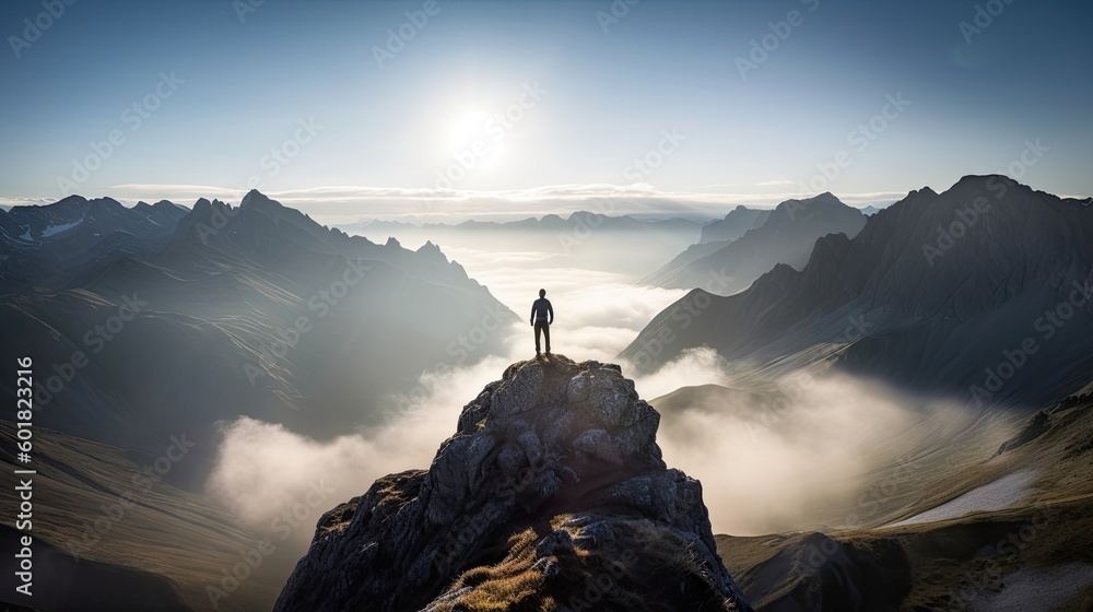 Hiker at the summit of a mountain overlooking a stunning view. Apex silhouette cliffs and valley landscape - obrazy, fototapety, plakaty 