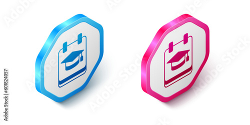Isometric Online education and graduation icon isolated on white background. Online teacher on monitor. Webinar and video seminar learning. Hexagon button. Vector