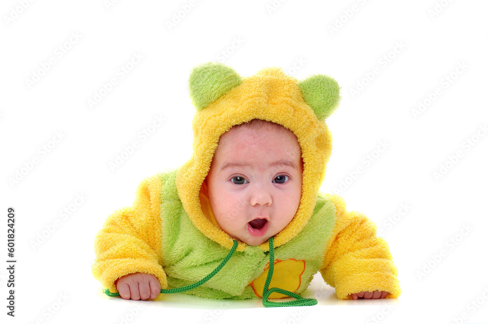 Close-up. Portrait of a crawling toddler, isolated on white Close-up. Portrait of a crawling toddler, isolated on white