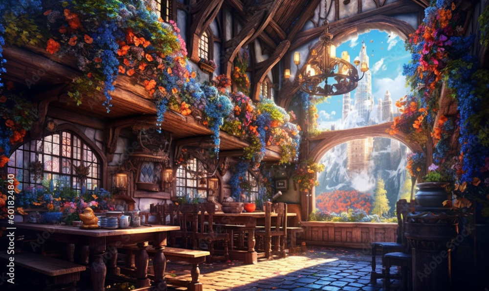 gemütliche, stimmungsvolle mittelalterliche Fantasy-Taverne. generative KI