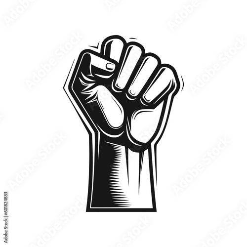 Raised hand with a clenched fist on a white background. Vector illustration
