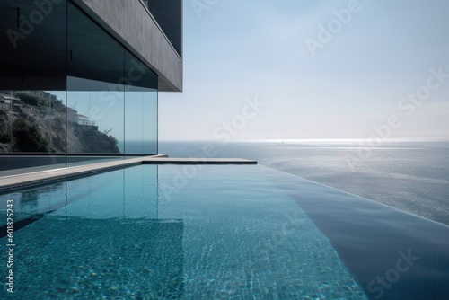 large swimming pool in an oceanfront apartment with ocean view ai generated  © stasknop