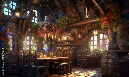 gemütliche, stimmungsvolle mittelalterliche Fantasy-Taverne. generative KI © Meadow
