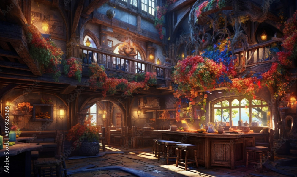 gemütliche, stimmungsvolle mittelalterliche Fantasy-Taverne. generative KI gemütliche, stimmungsvolle mittelalterliche Fantasy-Taverne. generative KI