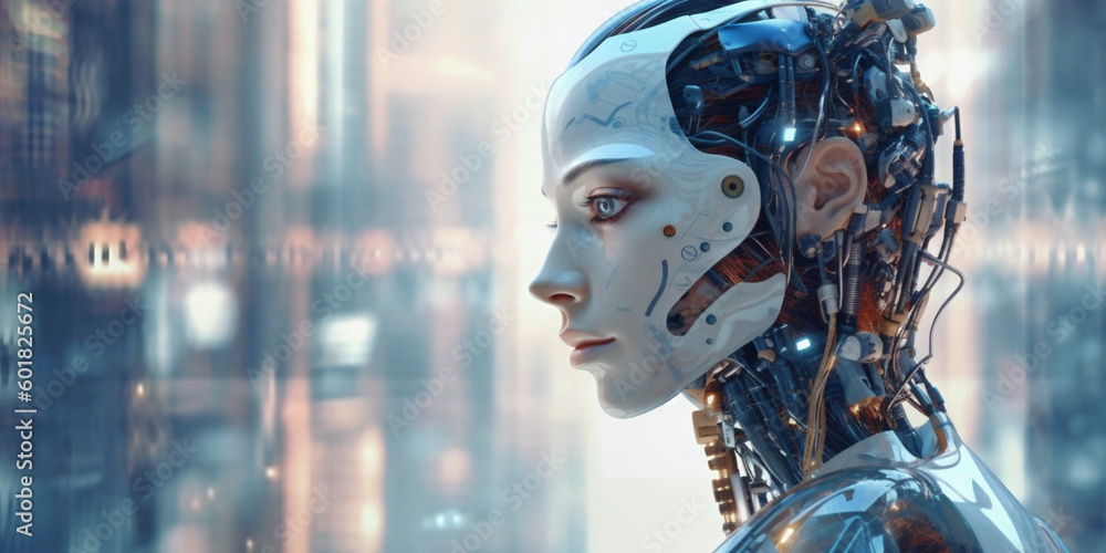 Beautiful female cyber fashion robot on the futuristic techno background. Artificial Intelligence. Quantum computer. AI Generative Beautiful female cyber fashion robot on the futuristic techno background. Artificial Intelligence. Quantum computer. AI Generative