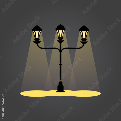 Old street lamp light on, city vintage. Old pole street tight