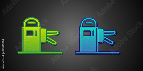 Green and blue Turnstile icon isolated on black background. Vector