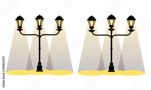 Old street lamp light on, city vintage. Old pole street tight