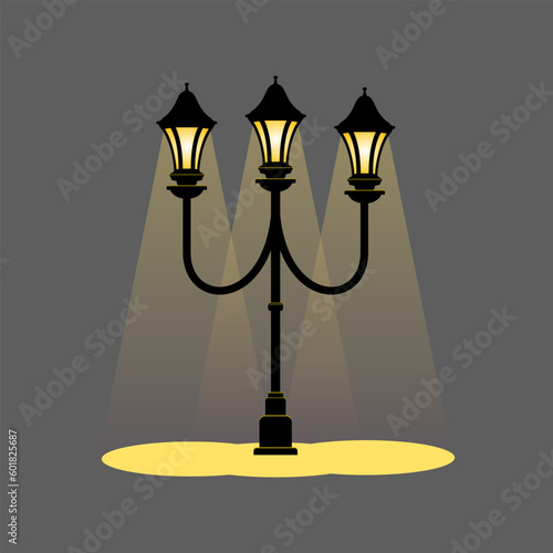 Old street lamp light on, city vintage. Old pole street tight
