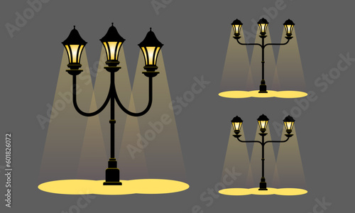 Old street lamp light on, city vintage. Old pole street tight